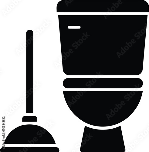 Black silhouette of a toilet and plunger, suggesting plumbing or cleaning needs