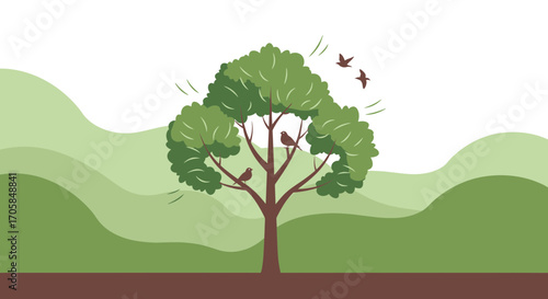 Beautiful Nature Illustration Depicting a Tree with Birds and a Serene Green Landscape