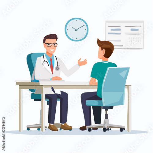 Ein Arzt in weißem Kittel spricht freundlich mit einem Patienten im Sprechzimmer.