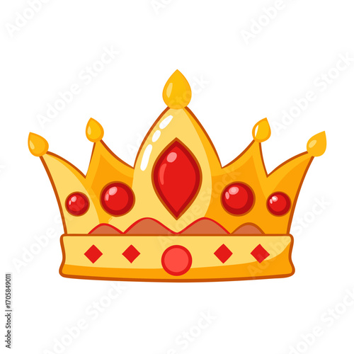 Colored vector icon of a golden royal crown with red gemstones, symbolizing royalty, power, and luxury. Isolated on a transparent background