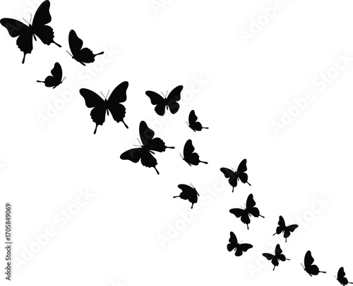 Butterflies flying diagonal silhouette, black insect group in motion, butterfly swarm descending pattern, nature vector design, decorative wings illustration