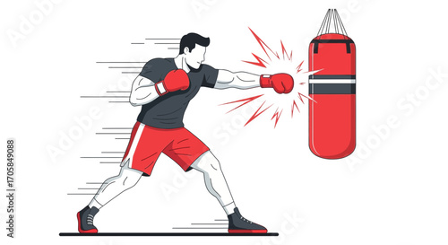Boxer Training Hard, Delivering Powerful Punch to the Boxing Bag, Practice Makes Perfect