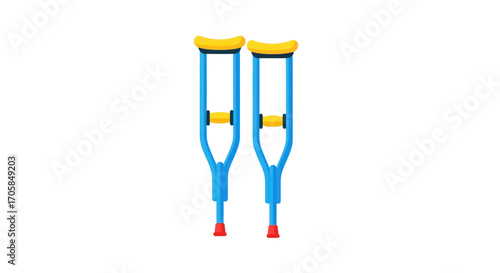 Pair of Bright Blue Crutches with Yellow Hand Grips and Red Feet.