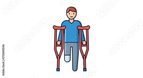 Person with prosthetic leg and crutches walking.