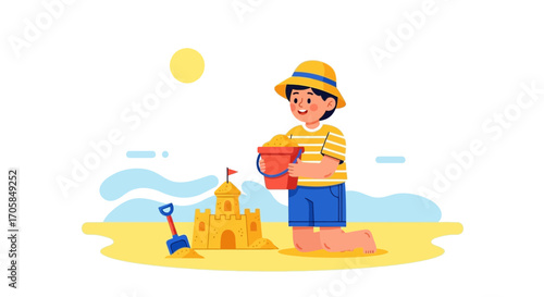 Boy Building A Sandcastle At The Beach Enjoying The Sunny Summer Day