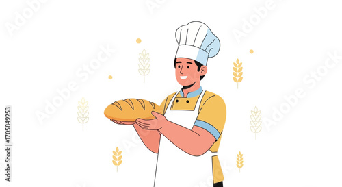 Cheerful Baker Holding Freshly Baked Loaf Of Bread Smiling Proudly With Wheat Details