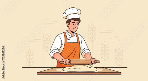 Cheerful Baker Gently Rolling Dough with Patience and Skill, Perfect for Bakery Designs