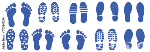Human footprint and shoe print silhouette vector icon set. Barefoot and boot prints collection. Steps, track, trail concept. Black isolated graphic elements. Walker sole.