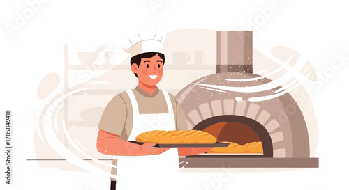 Cheerful Baker Presenting Freshly Baked Bread From The Stone Oven In A Bakery