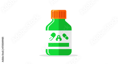 Green Medicine Bottle with Orange Cap and Medical Symbols.