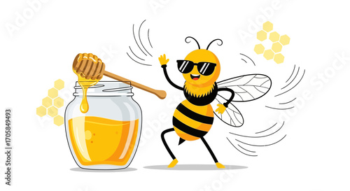 Cheerful Bee Enjoying Delicious Honey Near Glass Jar Depicting Sweet Flavors