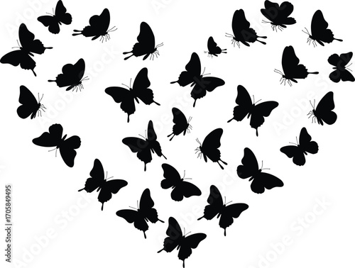 Butterflies heart silhouette, romantic butterfly group forming heart shape, black insect vector design, love symbol, decorative nature pattern illustration