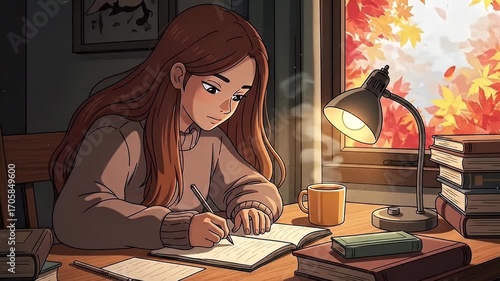A girl writes with focus at her desk surrounded by warm autumn light. lofi girl