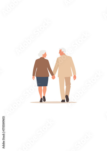 Flat vector silhouette of grandparents walking hand in hand elderly couple