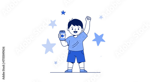 Cheerful Boy Holding Drink with Stars, Expressing Joy and Celebrating Success
