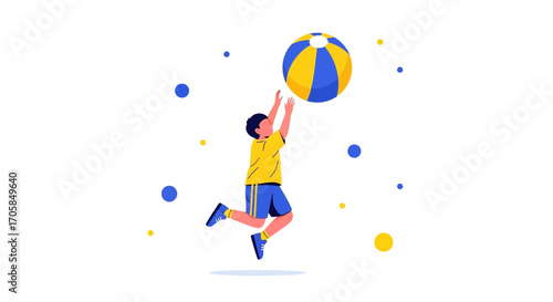 Boy Jumping High Into The Air To Catch A Beach Ball While Playing In Bright Sunlight