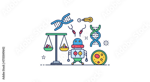 A colorful collection of scientific icons featuring a robot DNA helix balance scale and petri dish representing biotechnology and genetics.