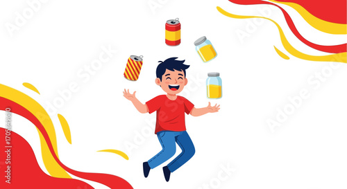Cheerful Boy Juggling Beverages, Vibrant Colors, Whimsical Illustration with Abstract Shapes