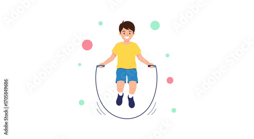Boy Jumping Rope, Active Child Exercising and Smiling, Healthy Lifestyle and Energetic Joy