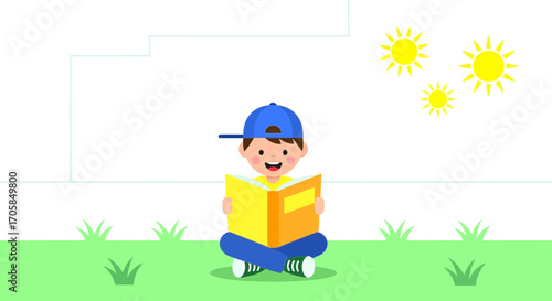 Cheerful Boy With Baseball Cap Absorbed In Reading A Book Outdoors Under The Sun