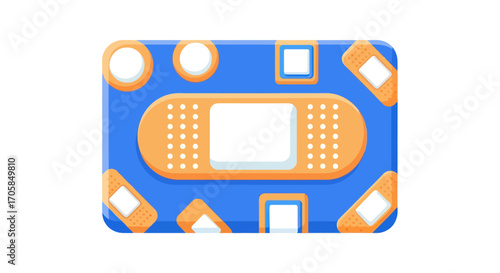 Blue adhesive bandage pattern with orange and white accents medical theme.