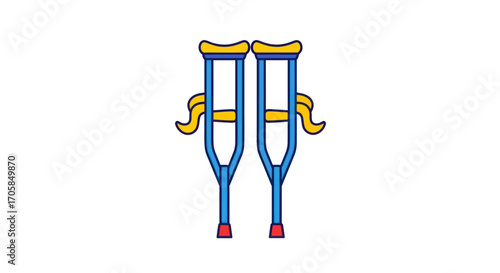 Pair of blue medical crutches with yellow hand grips and arm supports.