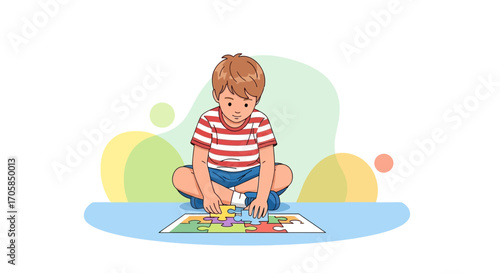 Boy Solving a Puzzle, Concentrating on the Task, Colorful, Cartoon Illustration Style