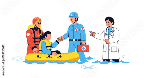 Rescue Team Assisting a Girl in a Boat with Doctor Offering Aid.
