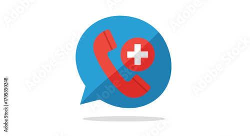 Tableau sur toile Red emergency phone icon with white cross inside blue speech bubble