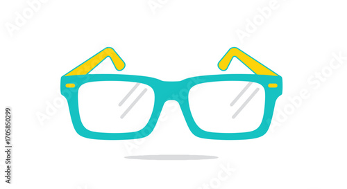 A pair of stylish retro eyeglasses with thick turquoise frames and yellow temples.