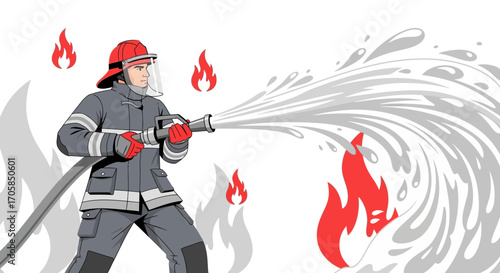 Brave Firefighter Extinguishing Flames With Powerful Water Jet To Put Out Any Fire