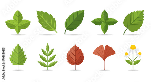 A diverse collection of pixelated vector plant leaves and a flower in various shapes and colors.