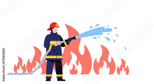 Brave Firefighter Heroically Extinguishing Blaze With Water From The Hose Quickly