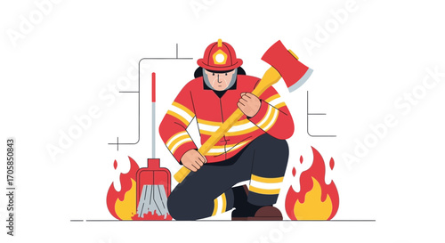 Brave Firefighter Kneeling With Axe Ready To Face Flames And Put Out The Fire