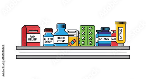 Assorted Pain Relief Allergy Cough Syrup and Antacid Medications on Shelf.