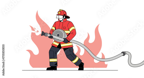 Brave Firefighter Heroically Battling Fire With A Water Hose In Dangerous Flames Scene