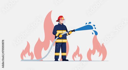 Brave Firefighter Heroically Extinguishing Flames with Powerful Water Hose for Safety