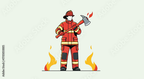 Brave Firefighter Holding Axe In Front Of Fire Representing Rescue And Bravery