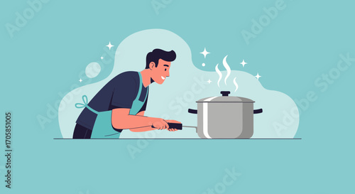 Cheerful Chef Cooking Delicious Meal In A Pot For A Delightful Culinary Experience