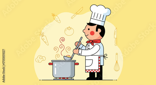 Cheerful Chef Crafting Culinary Delight In A Kitchen Setting With Vector Illustration