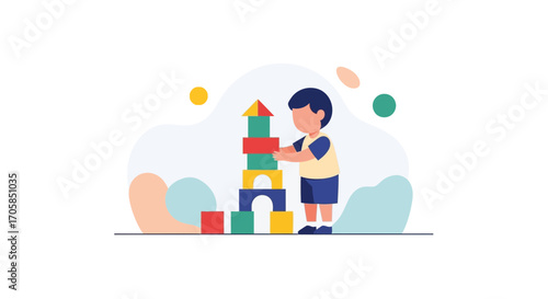Building Blocks Fun: A Young Child Constructing Colorful Toy Brick Tower Illustration