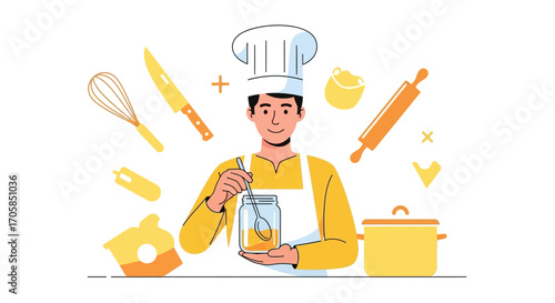 Cheerful Chef Crafting Delicious Meals with Culinary Tools for Cooking Projects