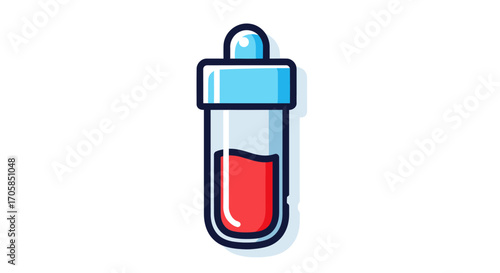 Cartoon Test Tube with Red Blood Sample and Blue Cap.