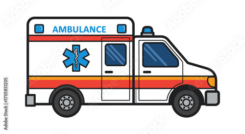 White and red ambulance vehicle with blue emergency light and Star of Life symbol.
