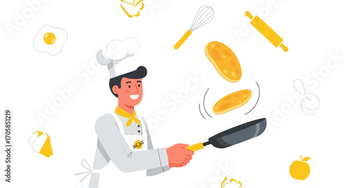 Cheerful Chef Preparing Delicious Food Showing Culinary Skillful Cooking Illustration