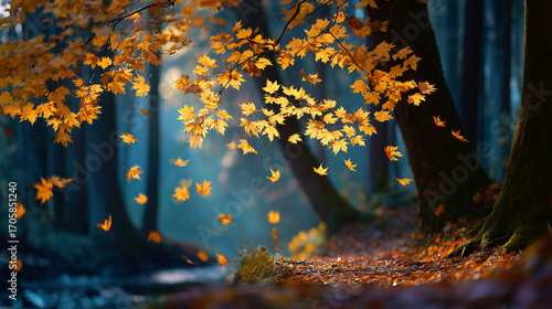 Golden maple leaves falling in autumn forest creating a serene view  