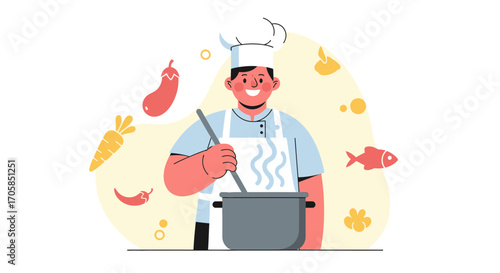 Cheerful Chef Preparing A Delicious Meal With Vegetables and Fish in Colorful Style
