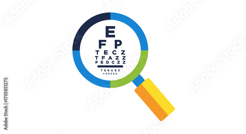 Eye Chart Magnified: Vision Test with Blue and Yellow Magnifying Glass.