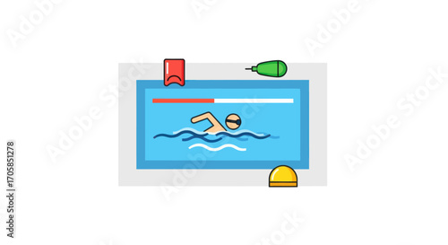 Colorful cartoon illustration of a swimmer doing the front crawl in a pool with training gear.