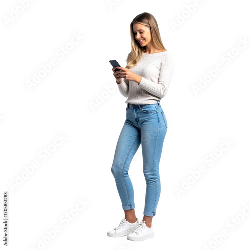 A beautiful young woman is smiling while holding and texting on a tablet and a cell phone
